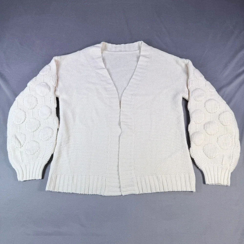 Open Front Cardigan Womens Small Beige Bubble Sleeve Chunky Knit‎ Sweater Casual